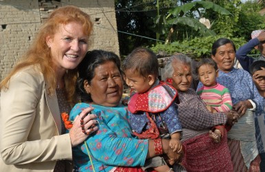 Duchess of York Sarah Ferguson with women and children at Bungamati (Photo credit: DFID)