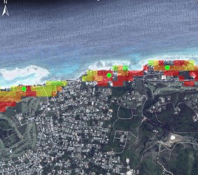 An example of high resolution sea level rise modelling now being undertaken in the Caribbean. The colours show the impact of different levels on infrastructure which help us understand our vulnerabilities and identify options to adapt. Taken from ‘An overview of modelling climate change impacts in the Caribbean with contribution from the Pacific islands’. www.caribsave.org. 