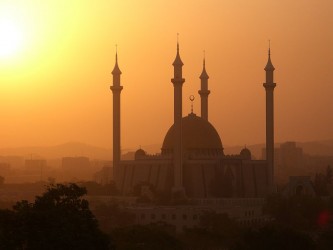 Dusty sunset behind Abuja's central mosque