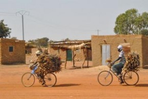 Two women cycling with wood on their bikes