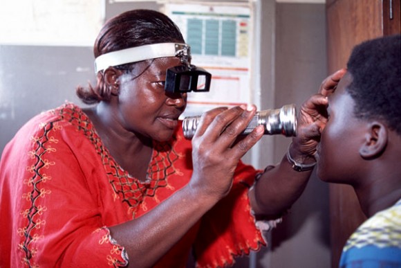 A qualified eye-care worker examining a patient. Picture: Sightsavers