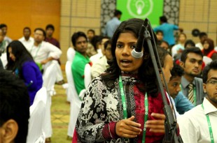 A young delegate speaks to the conference about how to tackle violence against women. Picture: Durlov Nubras Ahmed/BYLC 
