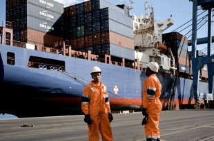 Dock workers at the Dubai Ports Sokhna container facility wait for their shift to start. Picture:Jason Larkin/Panos