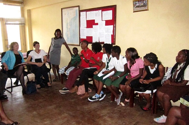 Baroness Northover and British High Commissioner to Mozambique Joanna Kuenssberg meet youth activists before going on air. Picture: Sophie Newman/DFID