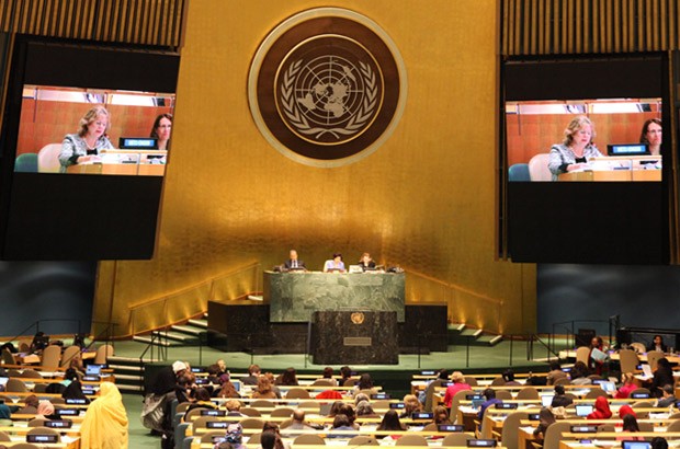 International Development minister Lindsay Northover reads the UK statement at the UN General Assembly room. Picture: Sheena Ariyapala/DFID